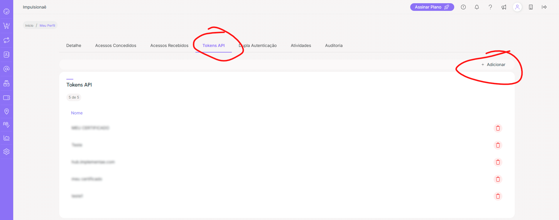 Aba Tokens API na Guru com o botão Adicionar destacado