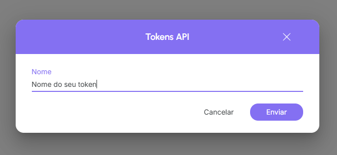 Modal para nomear o novo token de API na Guru