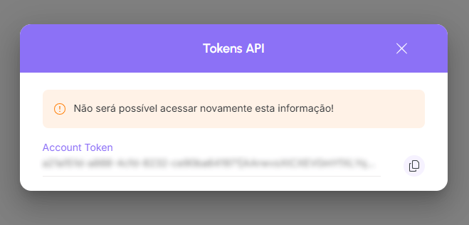 Modal exibindo o token gerado com o aviso de que não será possível acessá-lo novamente
