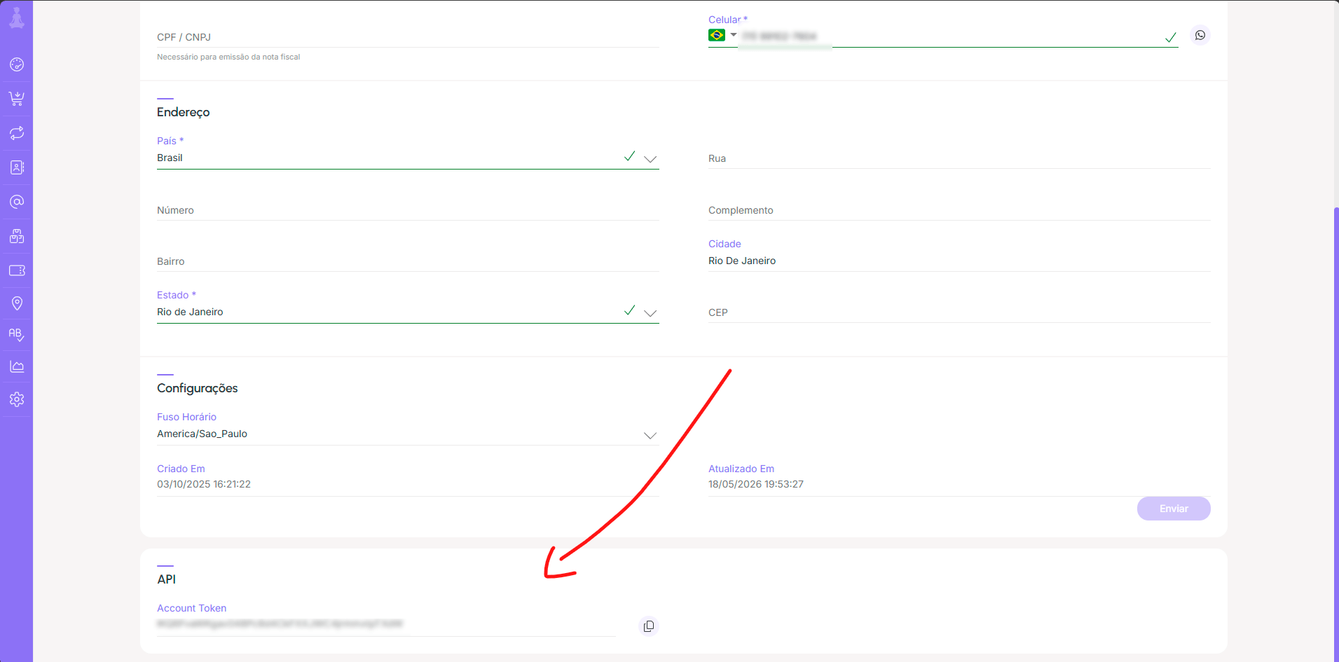 Seção API na página Minha Conta da Guru, com o Account Token destacado