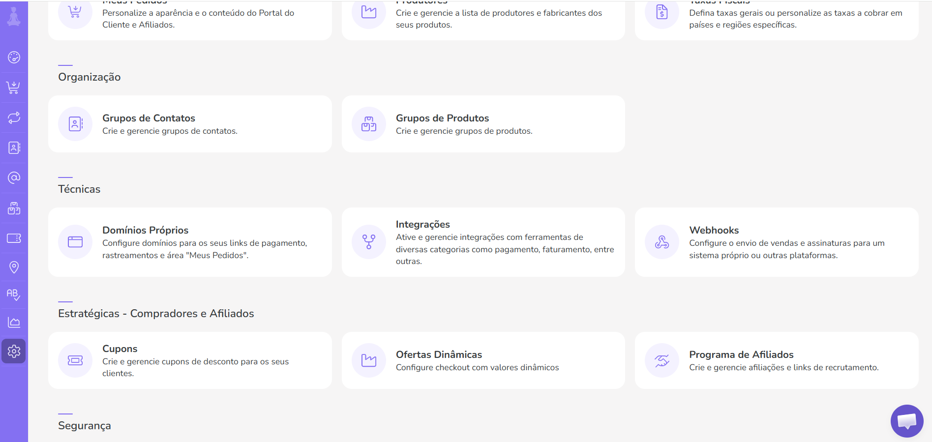 Página de Configurações da Guru com a seção de Webhooks