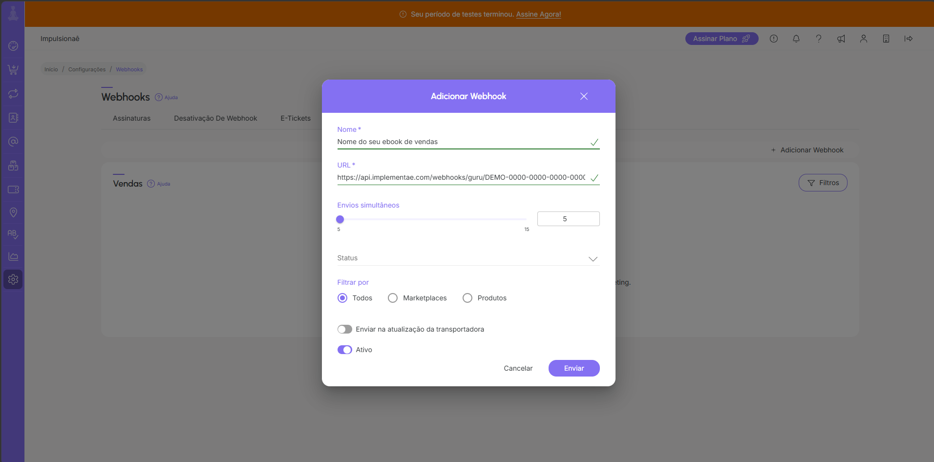 Formulário de criação do webhook na aba Vendas da Guru