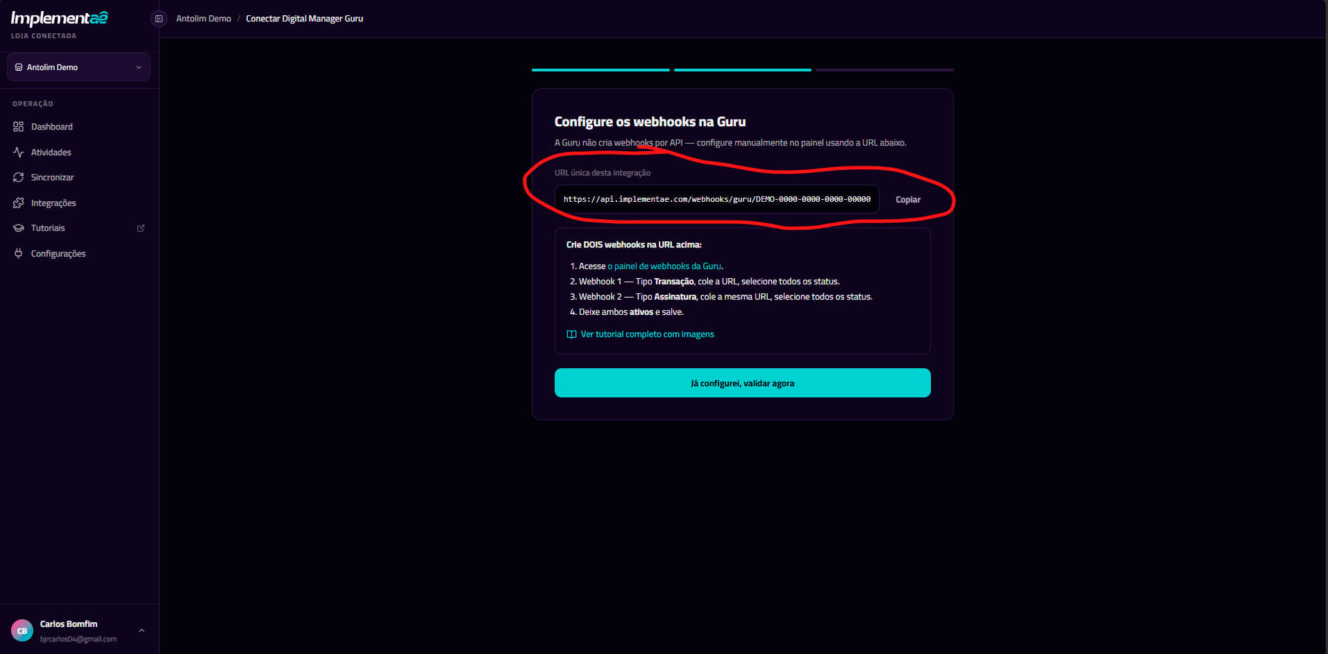 Wizard de conexão do Guru exibindo a URL única do webhook