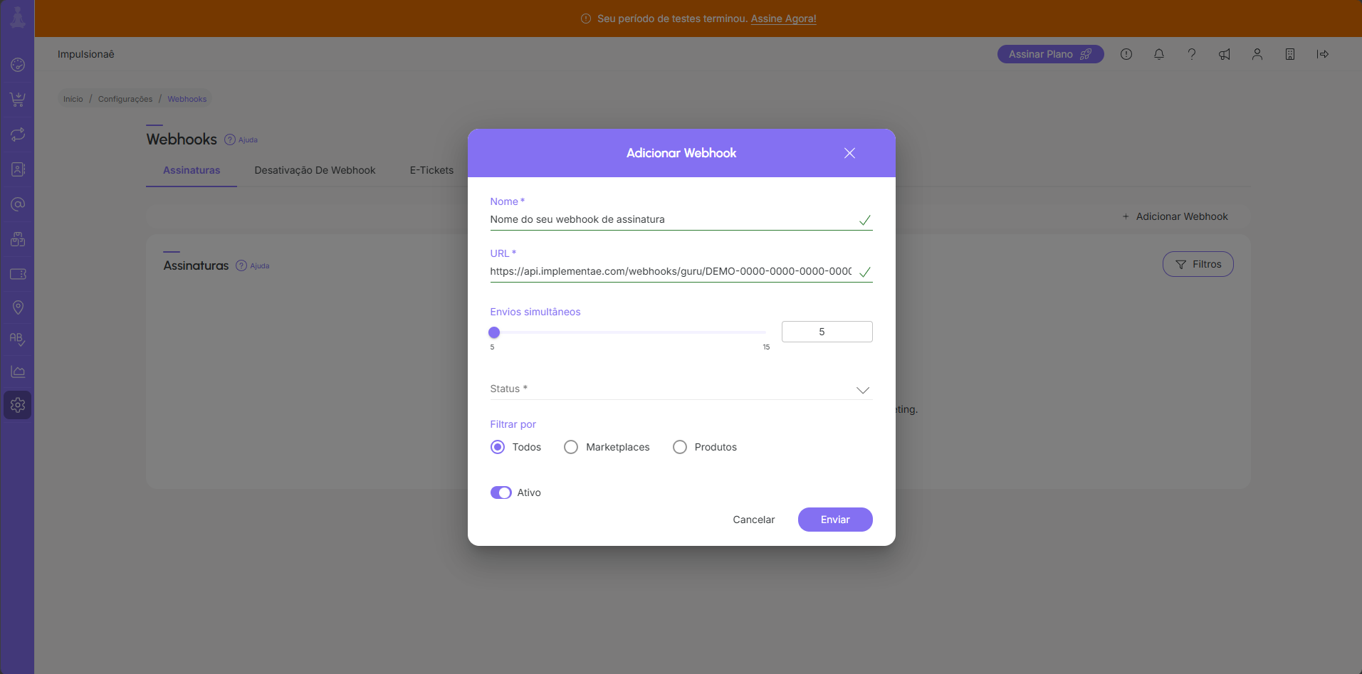 Formulário de criação do webhook na aba Assinaturas da Guru